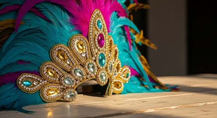Vibrant feathered headdress with sparkling jewels, a luxurious costume accessory for a Brazilian Carnival celebration concept