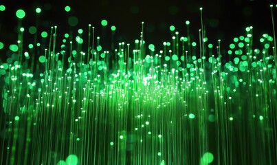 Lush glowing forest of green fiber optic strands, showcasing vibrant energy and organic digital connectivity.