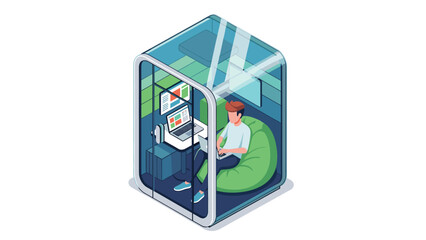 Man working remotely in modern glass walled office pod with laptop