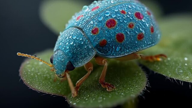 Close up of a unique beetle with blue and red markings on green leaf