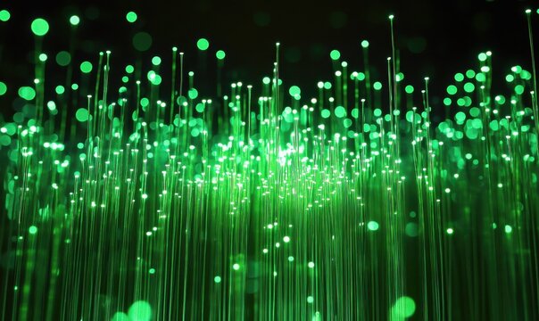 Lush glowing forest of green fiber optic strands, showcasing vibrant energy and organic digital connectivity. - Powered by Adobe