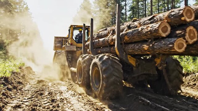 Yellow skidder tractor hauling a large load of freshly cut timber through a dusty forest road on a sunny day.