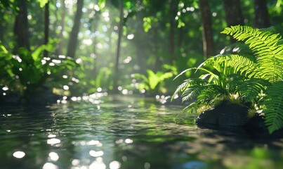 Lush green rainforest with towering trees, vibrant foliage reflecting in a crystal-clear stream, dappled sunlight creating a serene natural retreat,