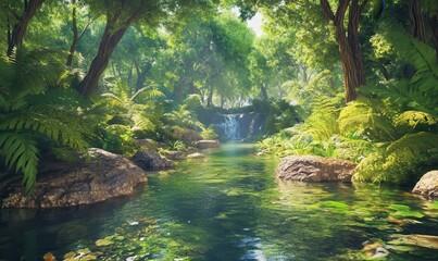 Lush green rainforest with towering trees, vibrant foliage reflecting in a crystal-clear stream, dappled sunlight creating a serene natural retreat,
