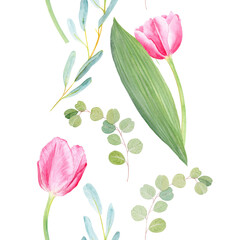 Obraz premium Pink tulips with eucalyptus leaves watercolor seamless border on beige. Perfect for wedding, spring floral arrangements, cards, textile patterns, natural decor, botanical room design. Vertical