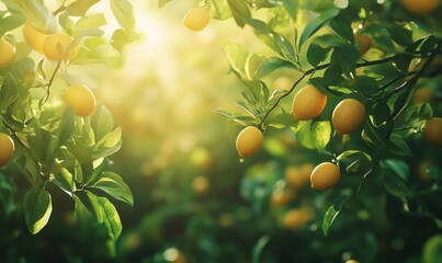 Lush lemon tree branches with bright yellow fruits and glossy green leaves, glowing under the golden light of an orchard morning,