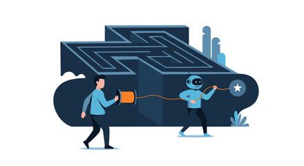AI robot guides a man through a complex maze, holding a thread that leads to a star, symbolizing guided problem-solving.