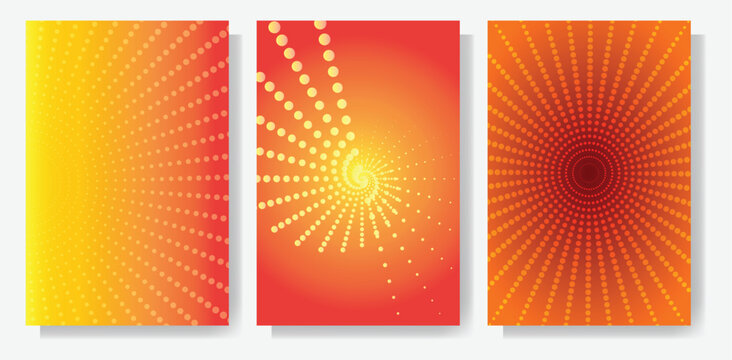 Orange Sunburst Backgrounds. Halftone Radial Set. A vector collection of yellow dots, swirling spirals and bursting rays for a dynamic poster, retro flyer, and energetic banner design.