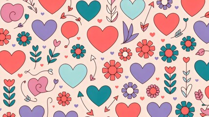 A colorful illustration of hearts and flowers on a pink background