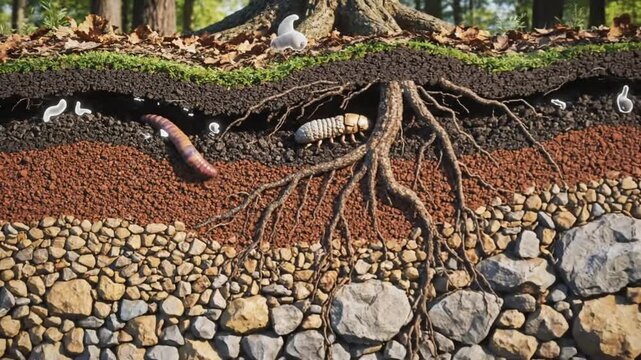 Forest Soil Cross Section with Roots and Underground Organisms | Scientific 3D Visualization
