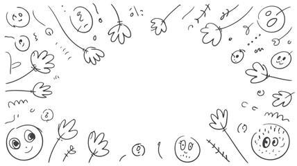 Whimsical doodle illustrations of smiling faces and leaves