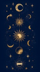 Celestial Moon Phases and Sun with Gold Stars on Navy Blue Background. Mystical Astrology Pattern.