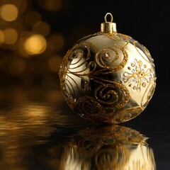 Elegant golden Christmas ornament with intricate swirls and sparkling details reflected in water
