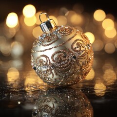 Elegant gold Christmas ornament with intricate swirling patterns and sparkling details