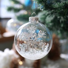 Clear glass Christmas ornament with snowflake design and faux snow inside