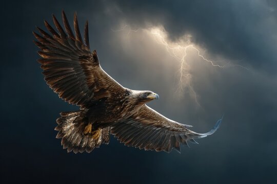 A colossal bird soaring in stormy skies, capable of creating thunder and lightning