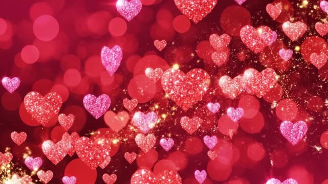A vibrant composition of sparkling red and pink hearts against a dark shimmering background with diffused lights