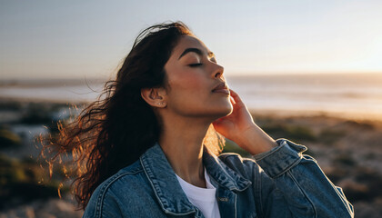 femme sereine au bord de la mer au coucher du soleil, portrait &eacute;t&eacute;