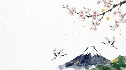 Graceful cranes flying under cherry blossoms with mount fuji in the background japanese landscape artwork tranquil environment scenic viewpoint nature inspired illustration