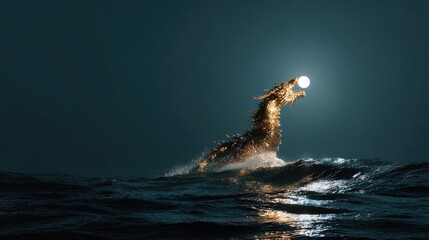 A colossal sea dragon swallowing the moon over the ocean