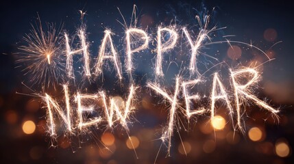 Happy new year card with sparkler font and fireworks on a night sky