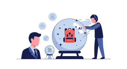 Man using an AI-powered crystal ball to predict future travel trends, focusing on luggage and transportation innovations.