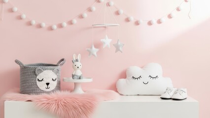 Charming pink nursery adorned with a cozy sleeping cloud cushion and adorable baby essentials