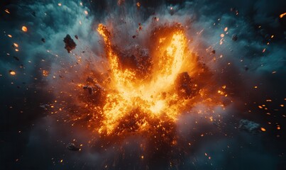 Massive explosion in vivid orange and yellow tones, with dark clouds creating a powerful image of chaos and impact.