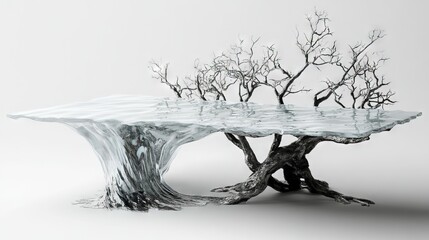 Splashing Water Tree Sculpture. Dynamic Liquid Art and Abstract Droplets on White.