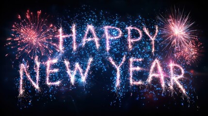 Happy new year card with sparkler font and fireworks on a night sky