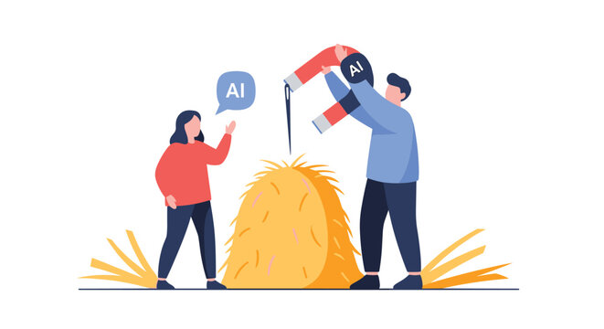 Man and woman using a large magnet with AI branding to find a needle in a haystack, representing collaborative problem-solving.