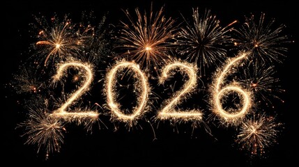 Happy New Year Celebration Greeting Card with Year 2026 in Sparkler Font and Firework Pyrotechnic on Black Night Sky Background
