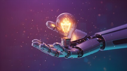 Futuristic robot hand holding glowing light bulb idea symbol for artificial intelligence innovation