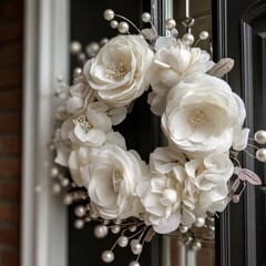 Elegant white fabric floral wreath with pearl accents hanging on a dark door