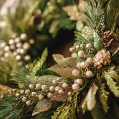 Close-up of a festive Christmas wreath with pine needles, berries, and golden accents