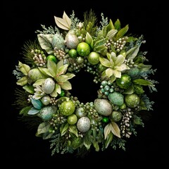 Elegant green Easter wreath with speckled eggs and floral accents on black background