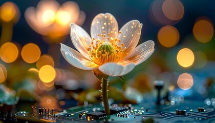 Harmony of Nature and Technology: A delicate, water-kissed flower blossom gracefully emerges from an electronic circuit board, embodying the delicate intersection of nature and technology.