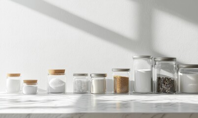 Minimalist kitchen setup with neatly arranged salt, sugar, and spice jars on a white marble countertop,