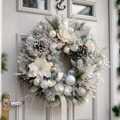 Elegant white and silver Christmas wreath adorns a grey front door