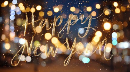 Happy New Year greeting with bright festive lighting and celebratory atmosphere