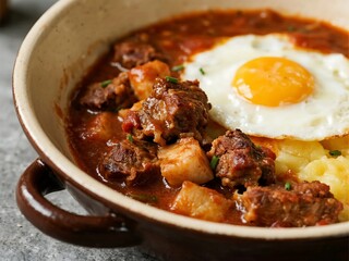 Tochitură A traditional stew made with various types of meat, often served over polenta with a fried egg and cheese