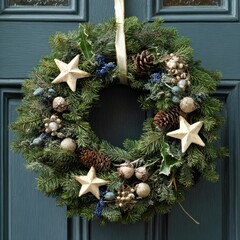 Festive Christmas wreath with pine cones and stars hanging on a blue door