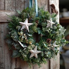 Rustic Christmas wreath with stars and pinecones hanging on a wooden door