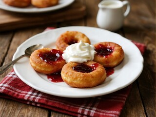 Papanaşi (dulci) A dessert of deep-fried donuts, often served with jam and sour cream