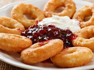 Papanaşi (dulci) A dessert of deep-fried donuts, often served with jam and sour cream