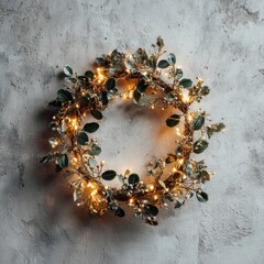 Elegant winter wreath with warm fairy lights on a textured concrete background