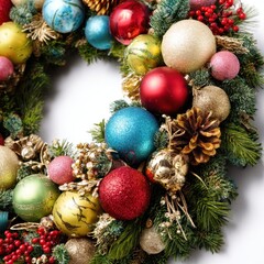 Festive Christmas wreath adorned with colorful baubles and pine cones