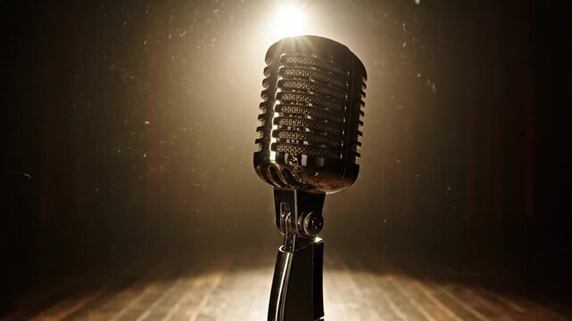 A vintagestyle microphone stands center stage under a bright spotlight with visible dust particles in the illuminated air above wooden floorboards