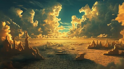 Golden Hour Panorama over Mystical Cityscape