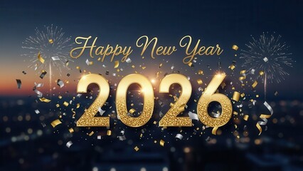 Stunning happy new year 2026 cityscape celebration featuring sparkling gold numbers falling confetti and colorful fireworks bursting over urban skyline